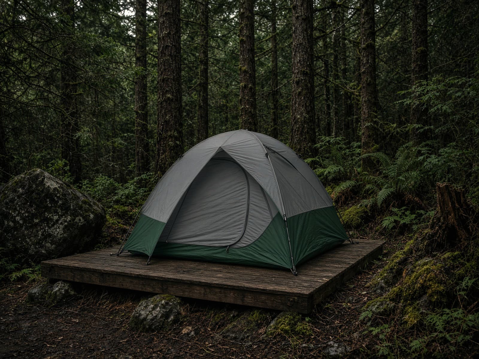 A freestanding two-door ultralight dome tent on a platform pitched at a forest campsite