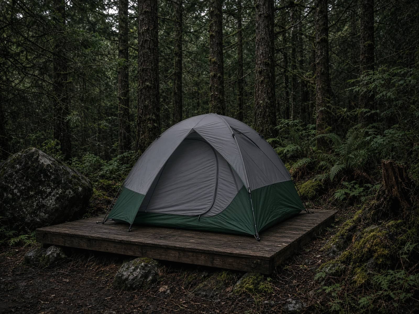 A freestanding two-door ultralight dome tent on a platform pitched at a forest campsite