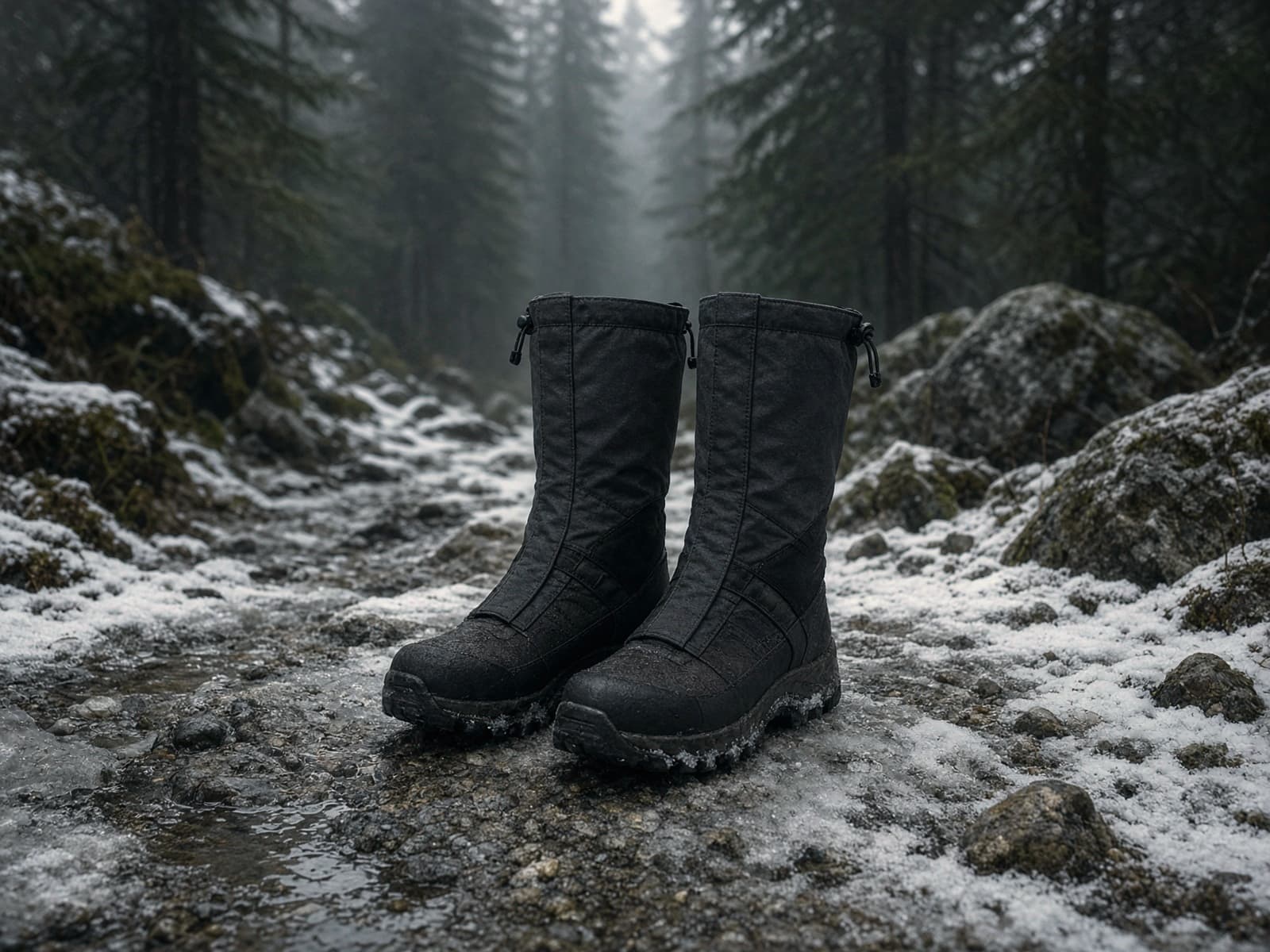 Tall hiking gaiters on boots in snow on an icy trail