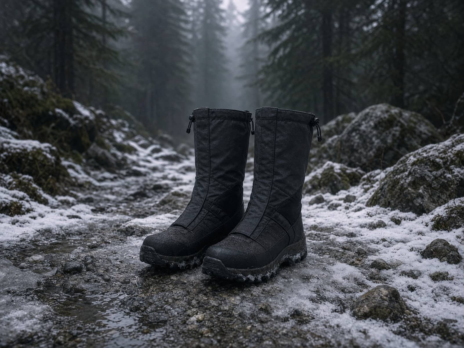 Tall hiking gaiters on boots in snow on an icy trail
