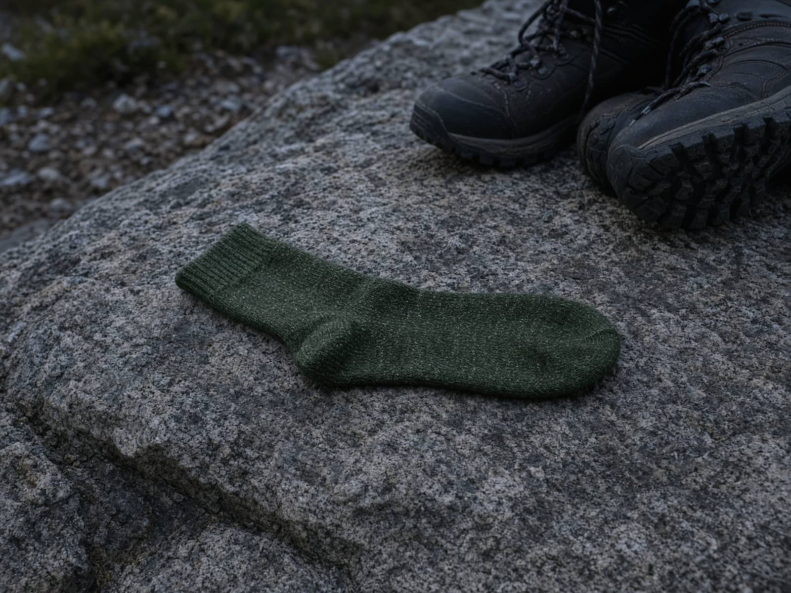 A merino crew hiking sock on a granite slab beside boots