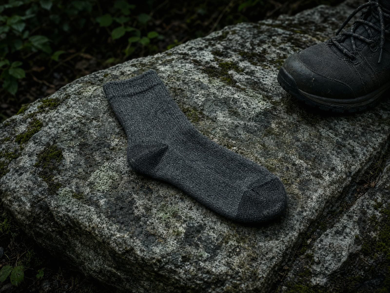 A thin merino hiking sock on a granite slab beside boots