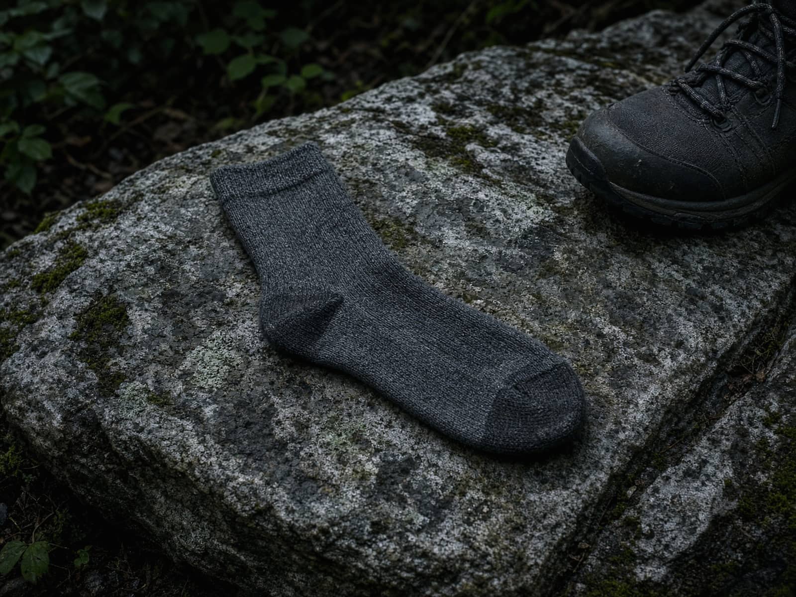 A thin merino hiking sock on a granite slab beside boots