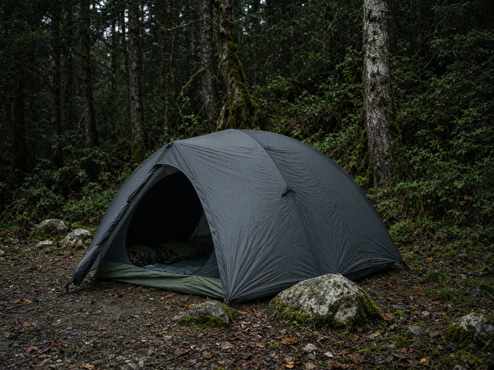 A roomy single-wall arch-pole tent pitched at a forest campsite