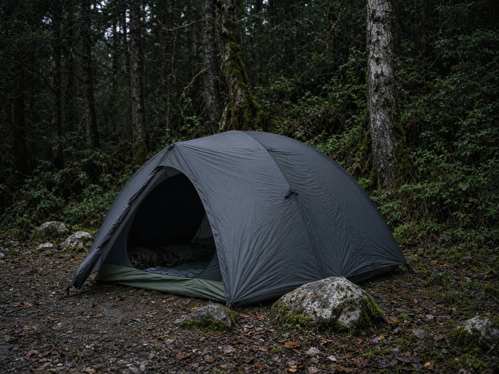 A roomy single-wall arch-pole tent pitched at a forest campsite