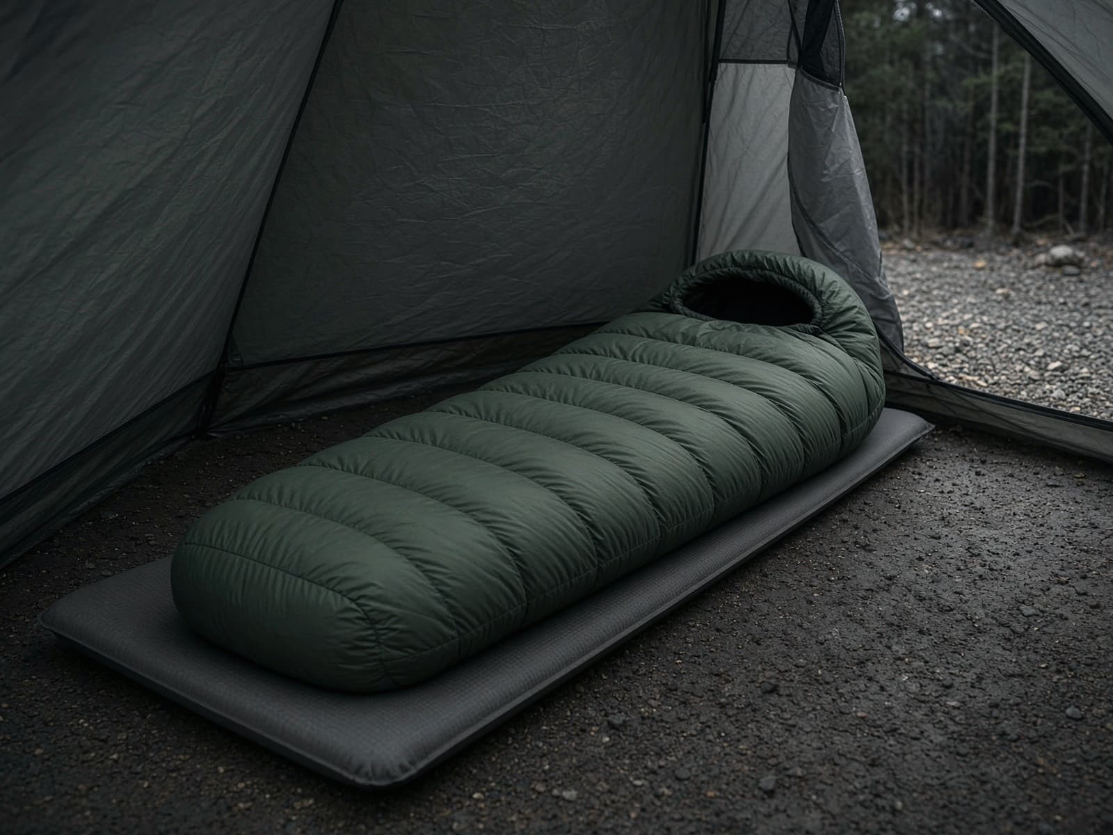 A stretch-baffle down mummy bag lofted on a pad inside a tent