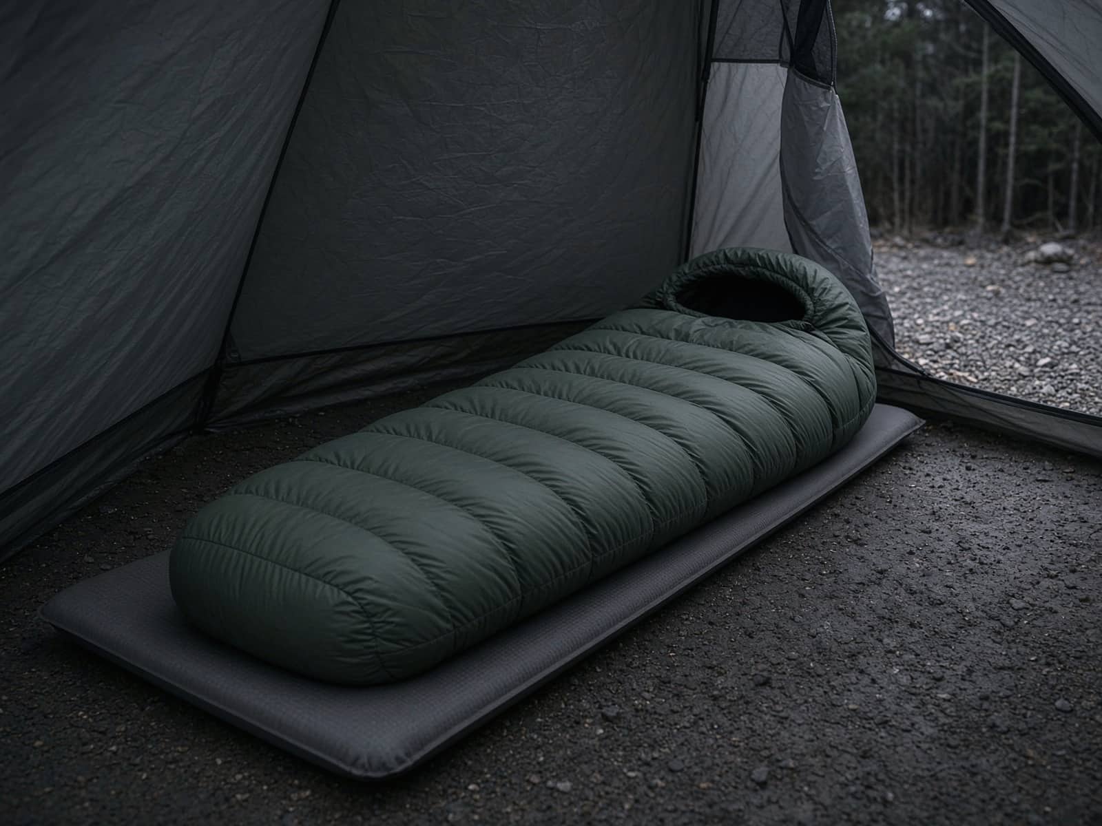 A stretch-baffle down mummy bag lofted on a pad inside a tent