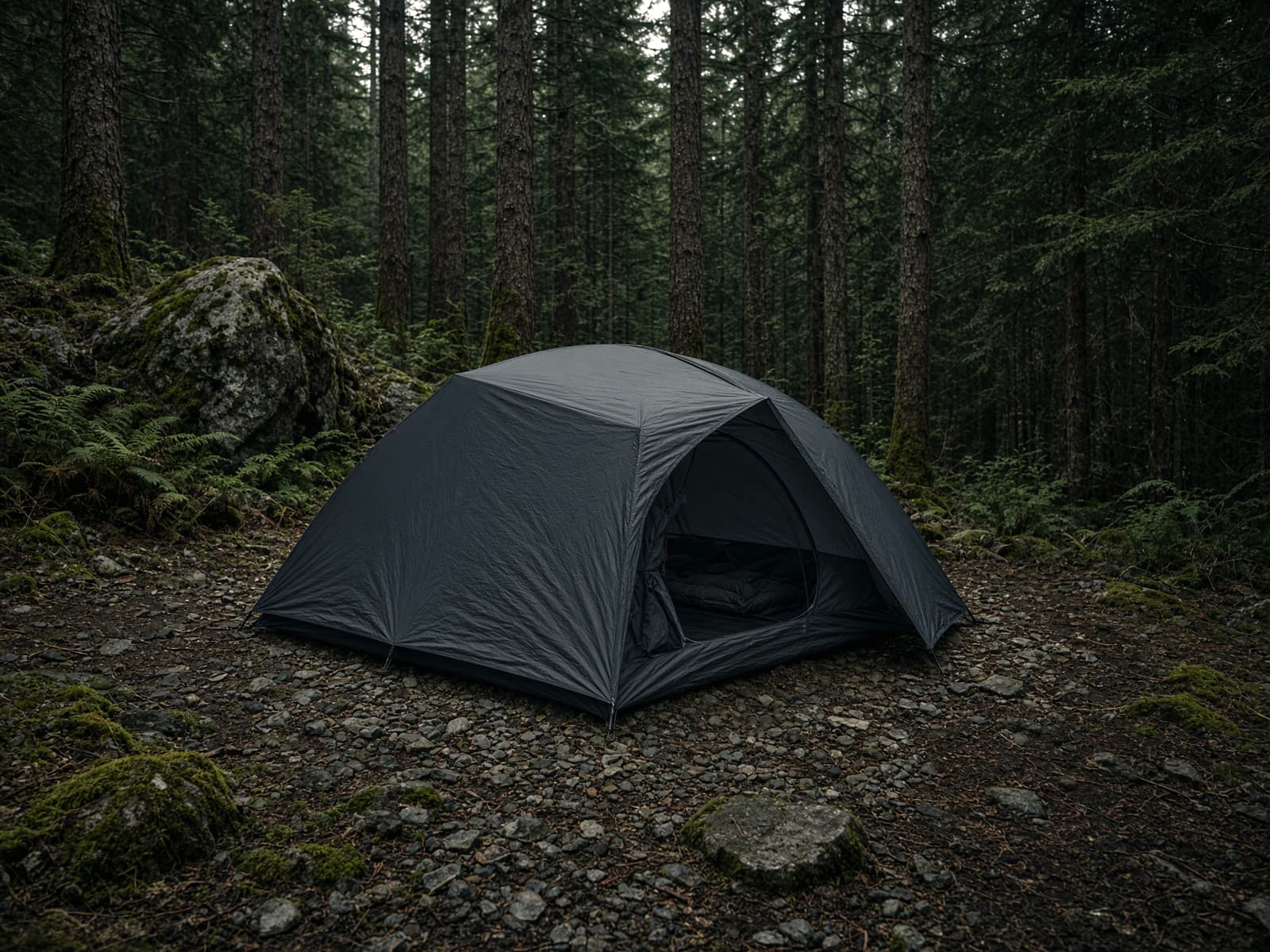 A freestanding two-person ultralight tent pitched at a forest campsite