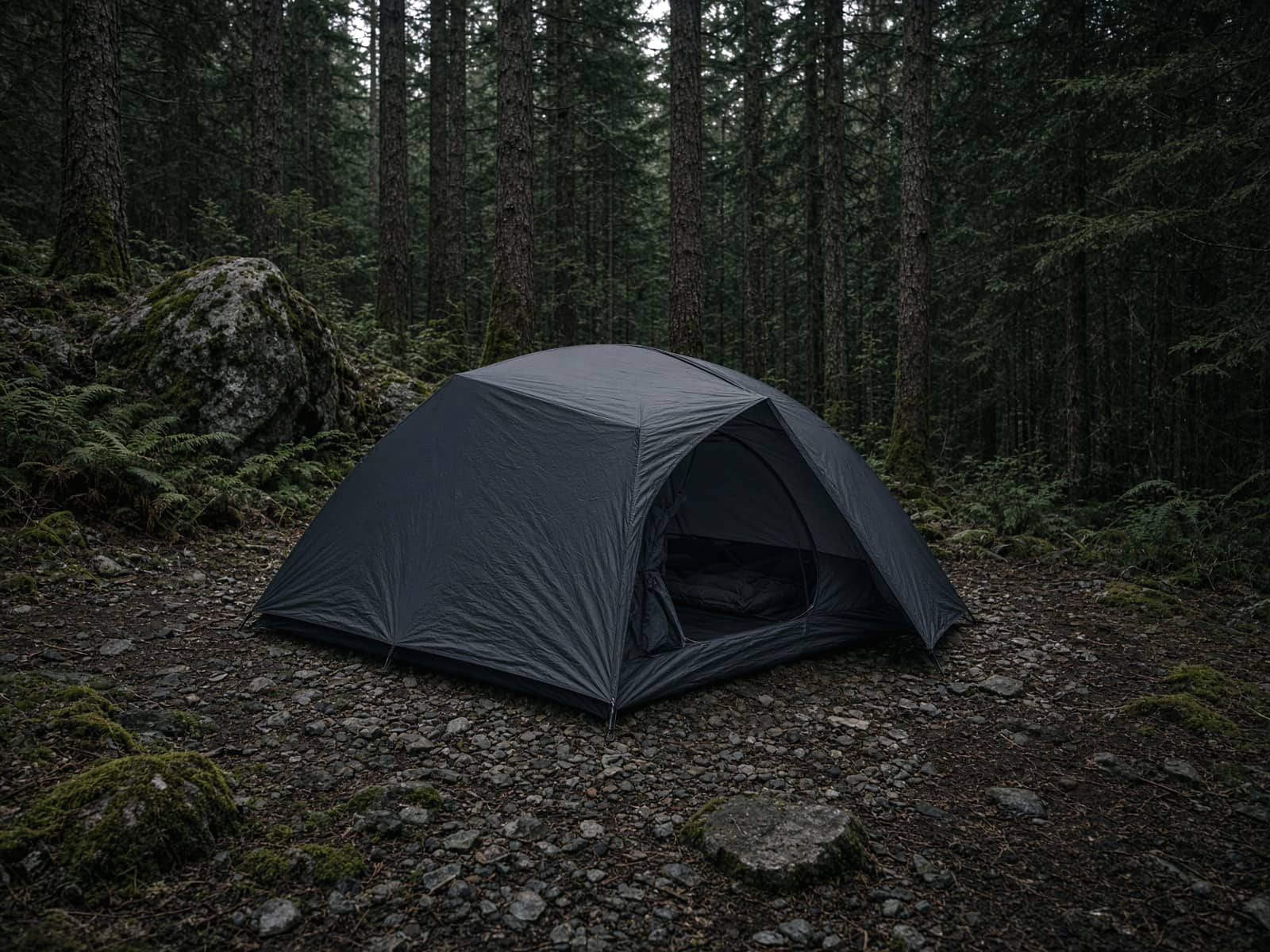 A freestanding two-person ultralight tent pitched at a forest campsite
