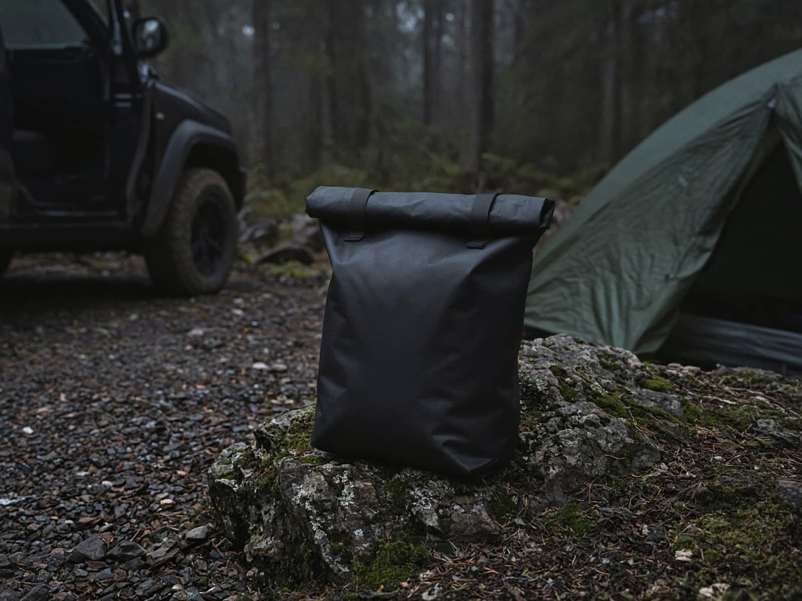 A 10-liter roll-top dry bag at a car campsite