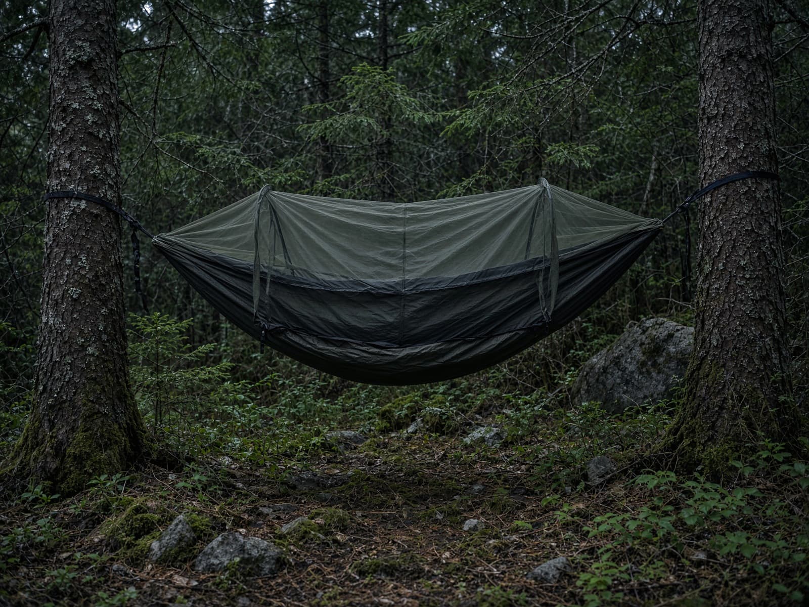 A modular camping hammock with a zip-on bug net between two conifers
