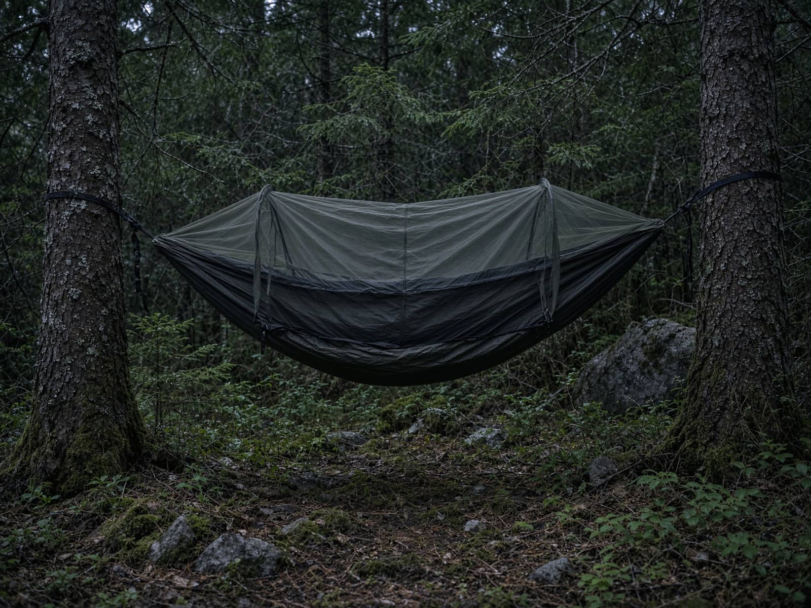 A modular camping hammock with a zip-on bug net between two conifers