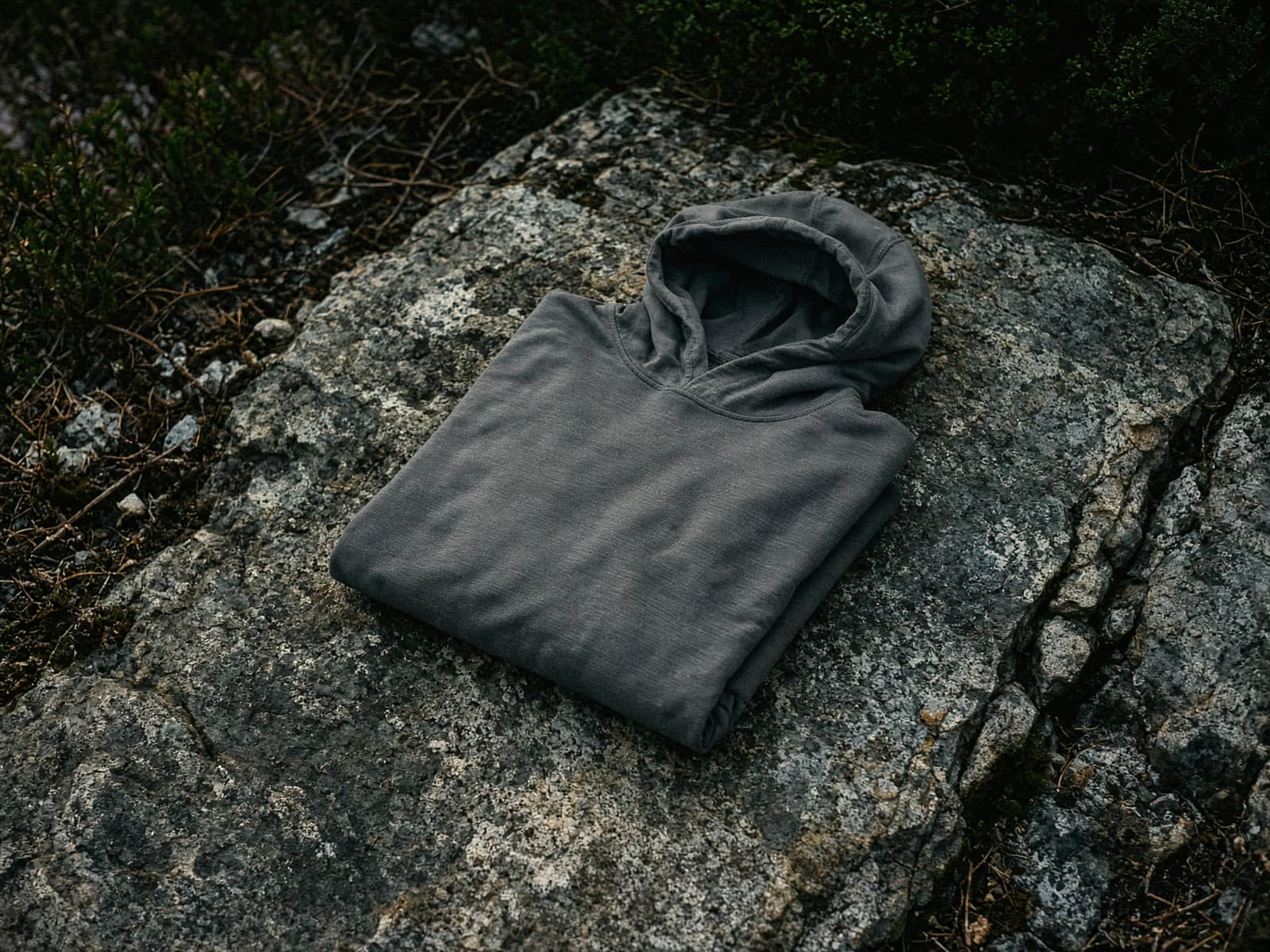 A thin sun hoodie folded on a granite slab
