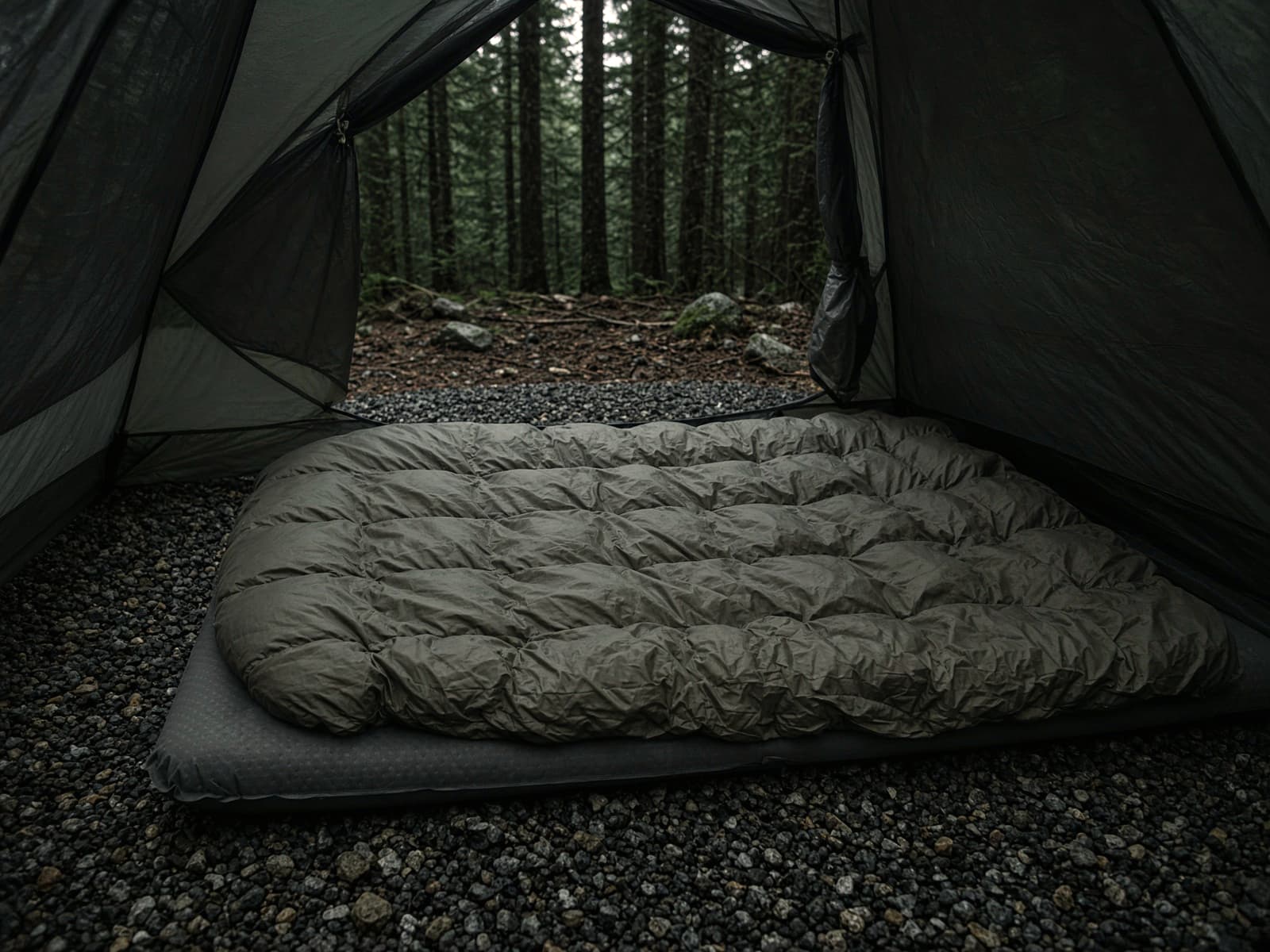 An open-back down quilt lofted on a pad inside a tent