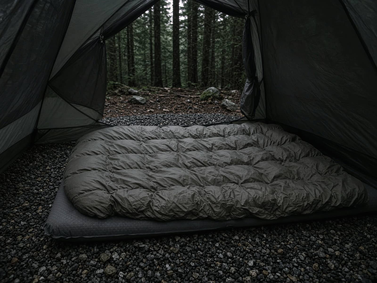 An open-back down quilt lofted on a pad inside a tent