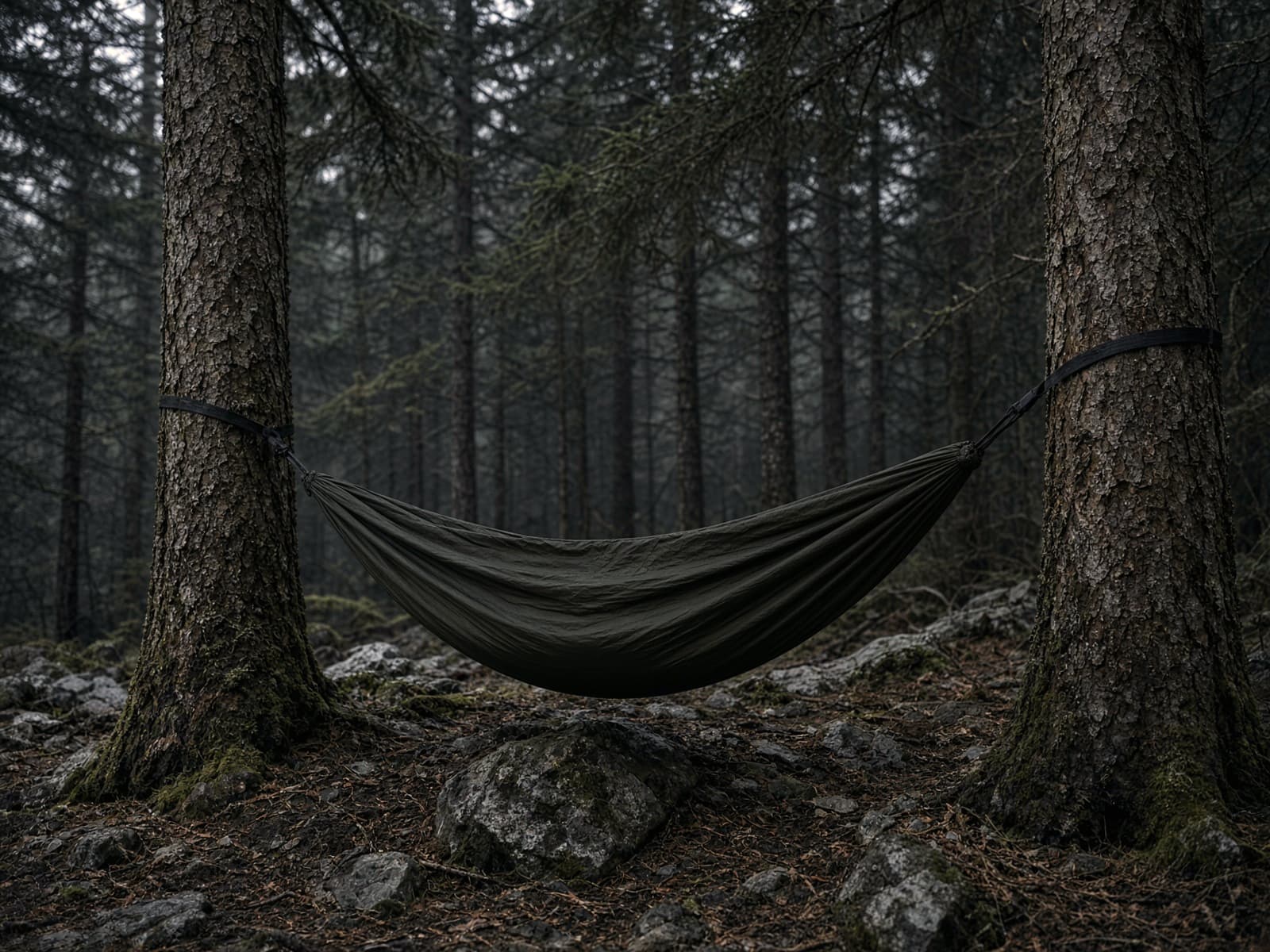 A simple nylon gathered-end hammock between two conifers