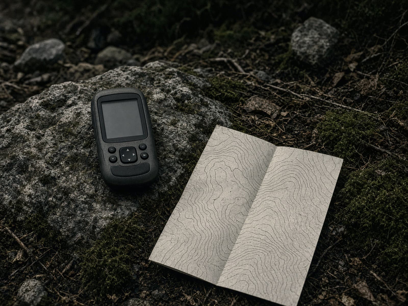 A handheld GPS unit on a rock beside a topo map