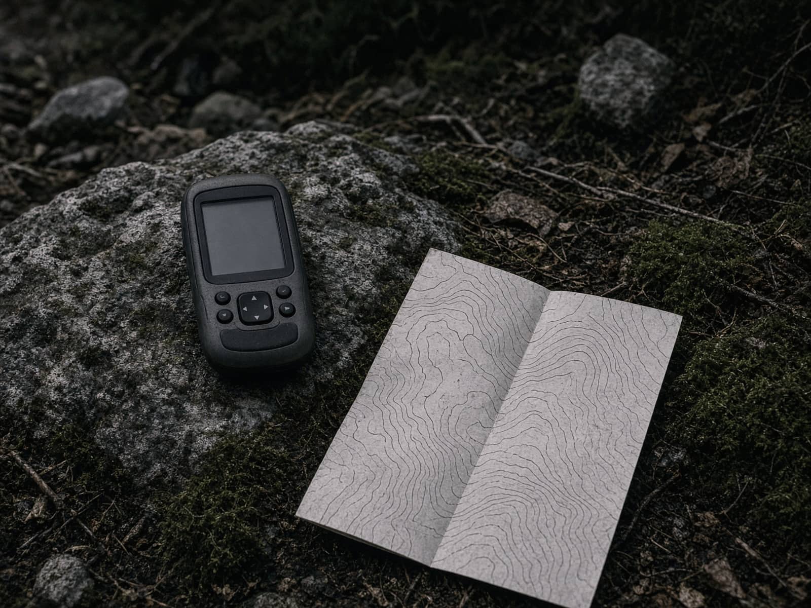 A handheld GPS unit on a rock beside a topo map