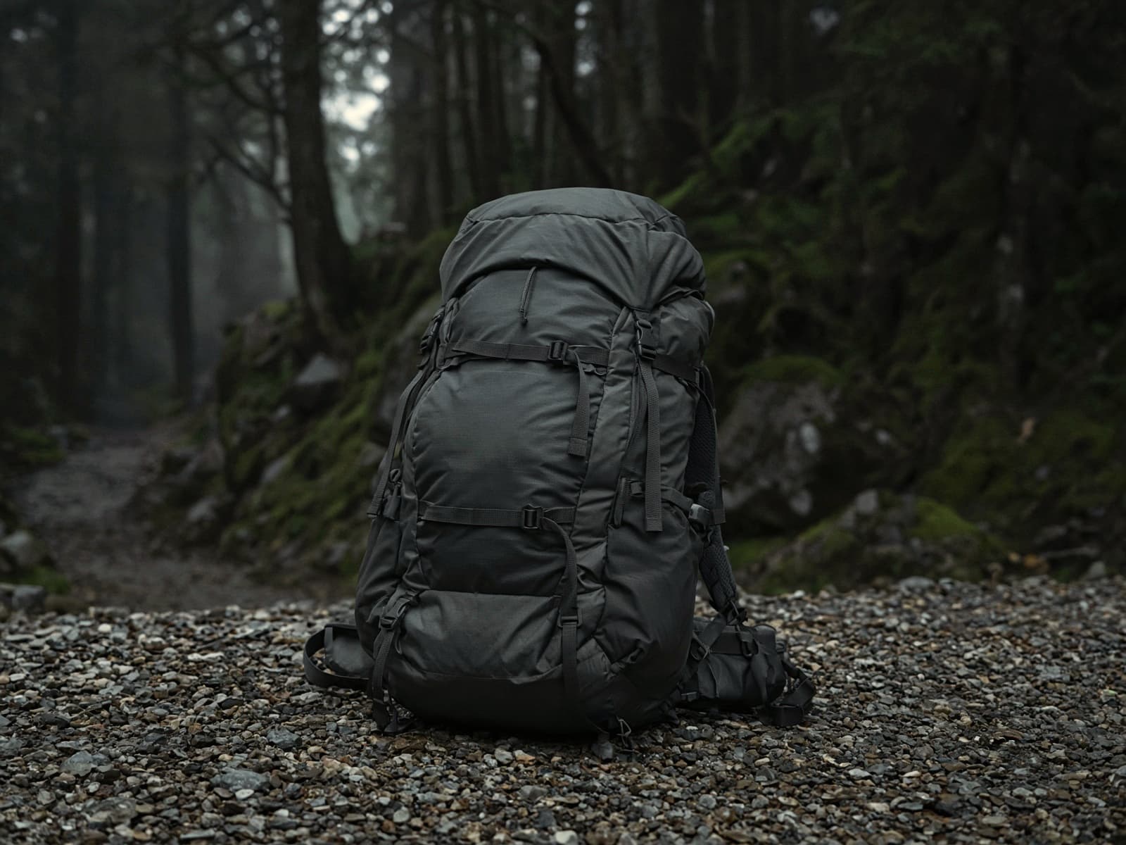 A lighter framed 58-liter pack standing on trailhead gravel