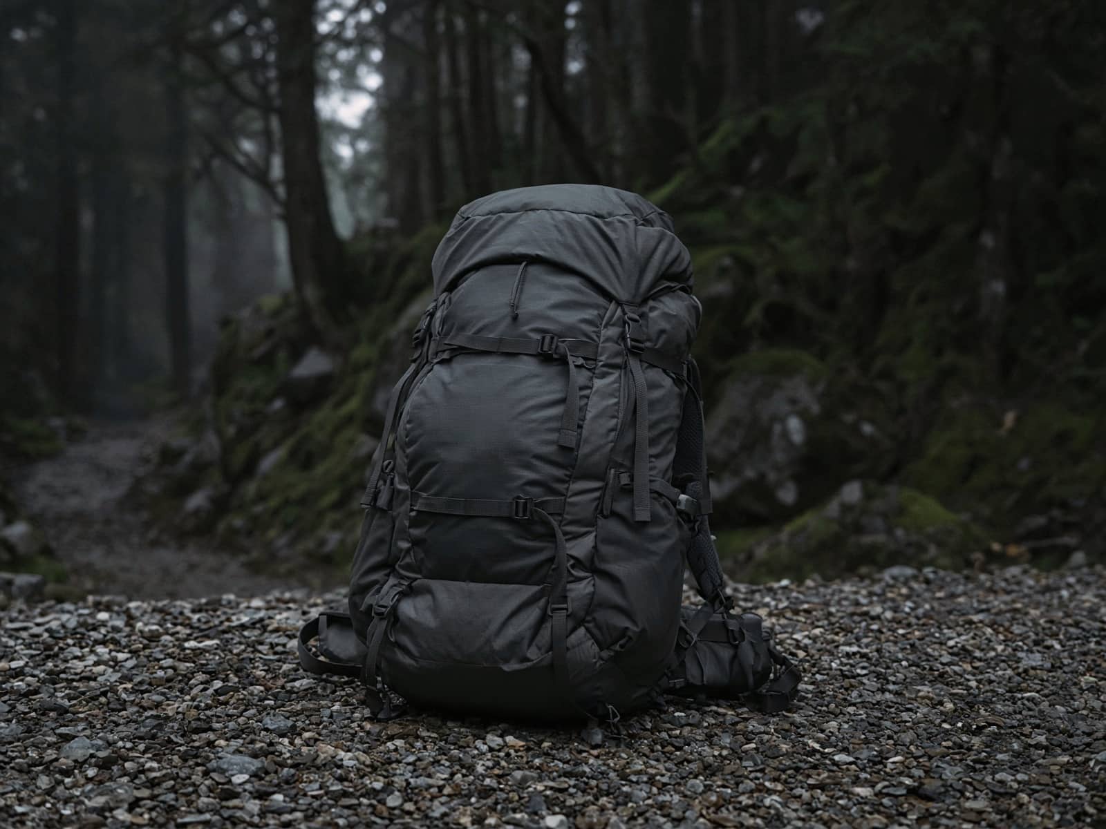 A lighter framed 58-liter pack standing on trailhead gravel