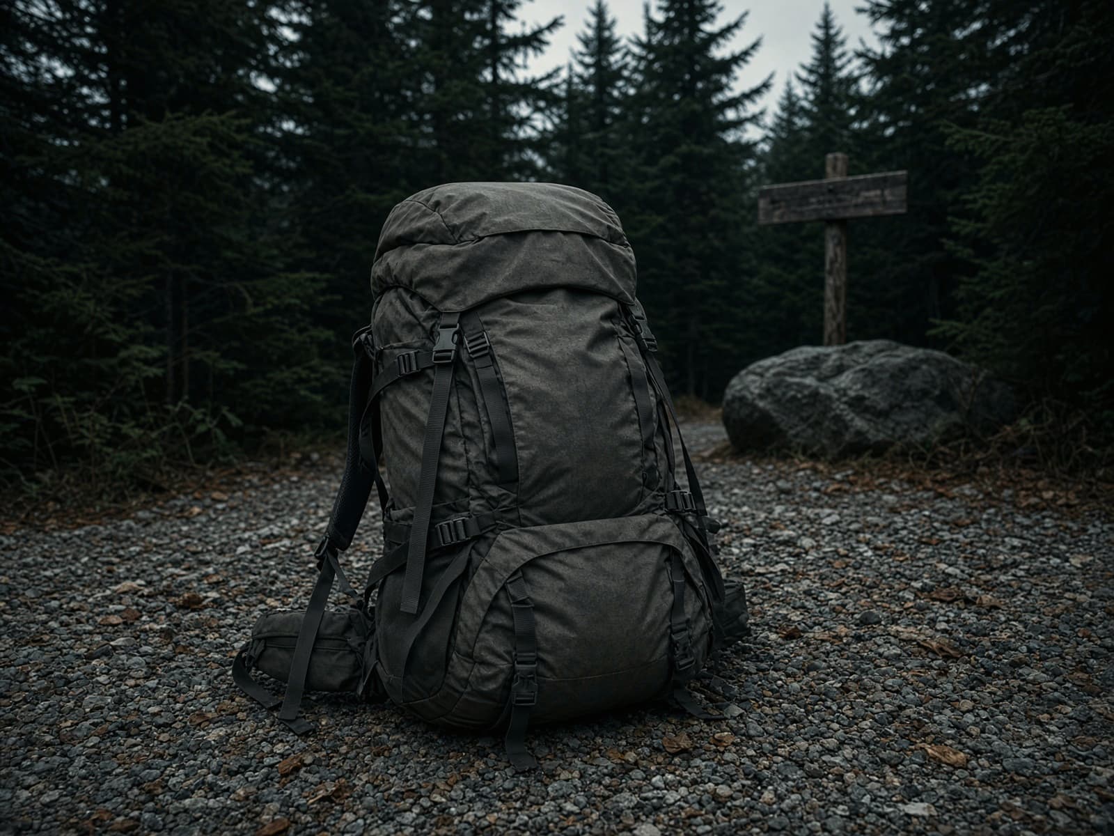 A value framed 55-liter pack standing on trailhead gravel