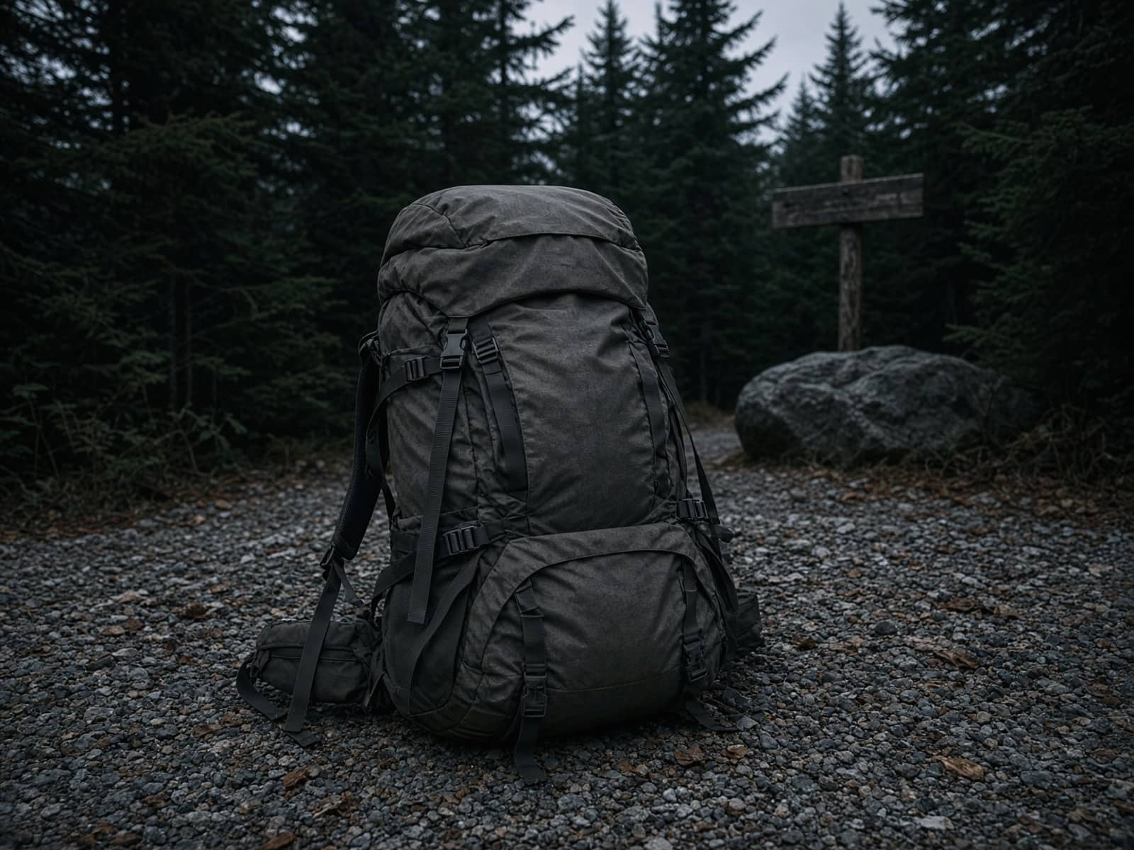 A value framed 55-liter pack standing on trailhead gravel