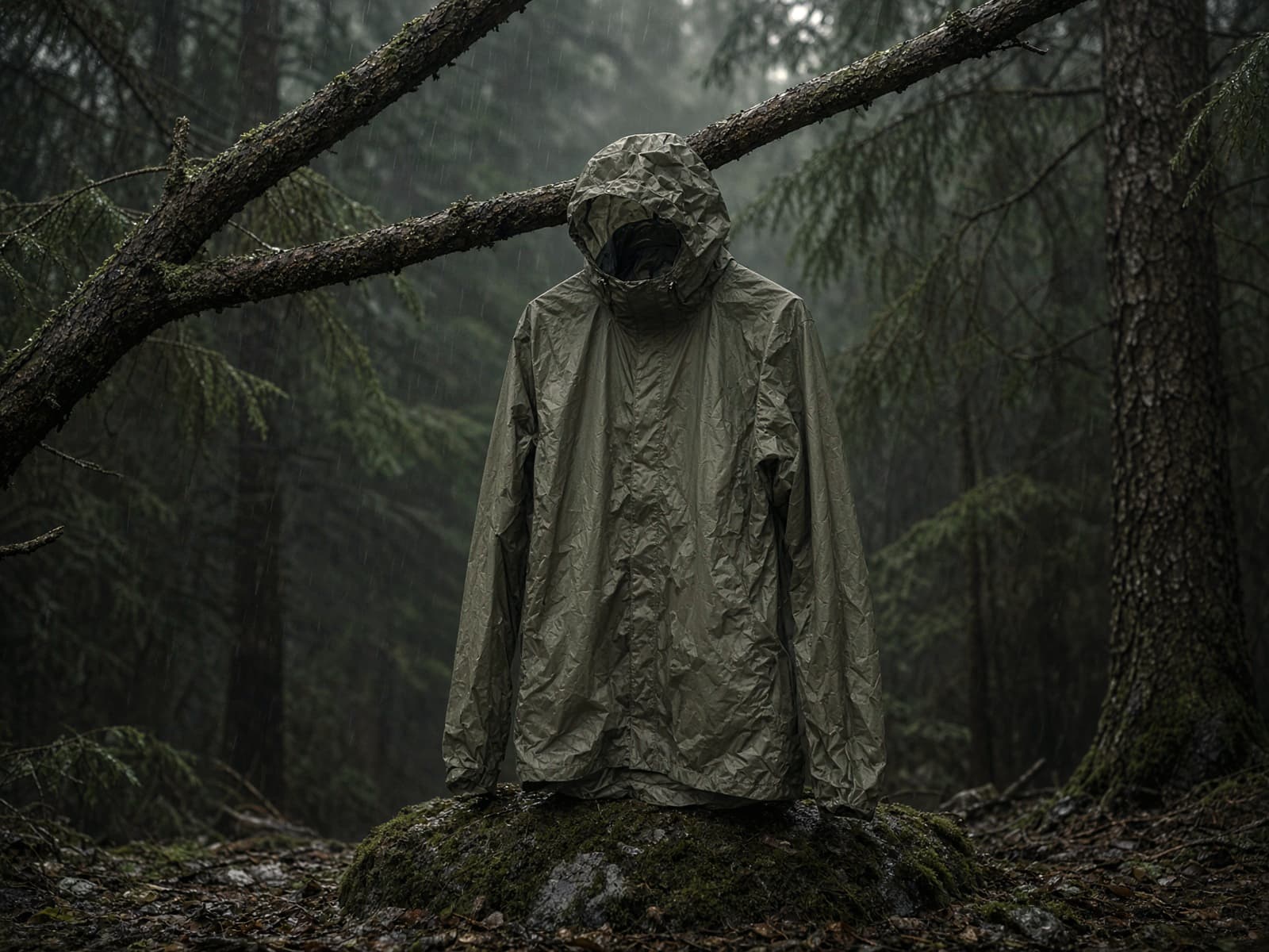 A crinkly ultralight emergency rain jacket hung from a branch in light rain
