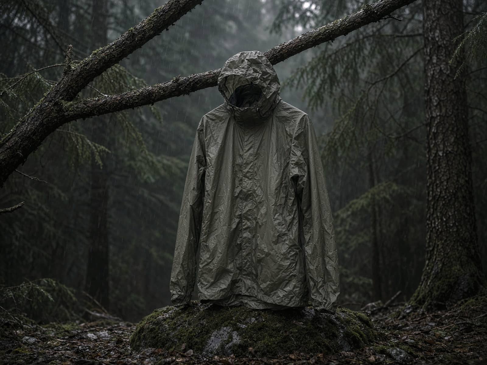 A crinkly ultralight emergency rain jacket hung from a branch in light rain