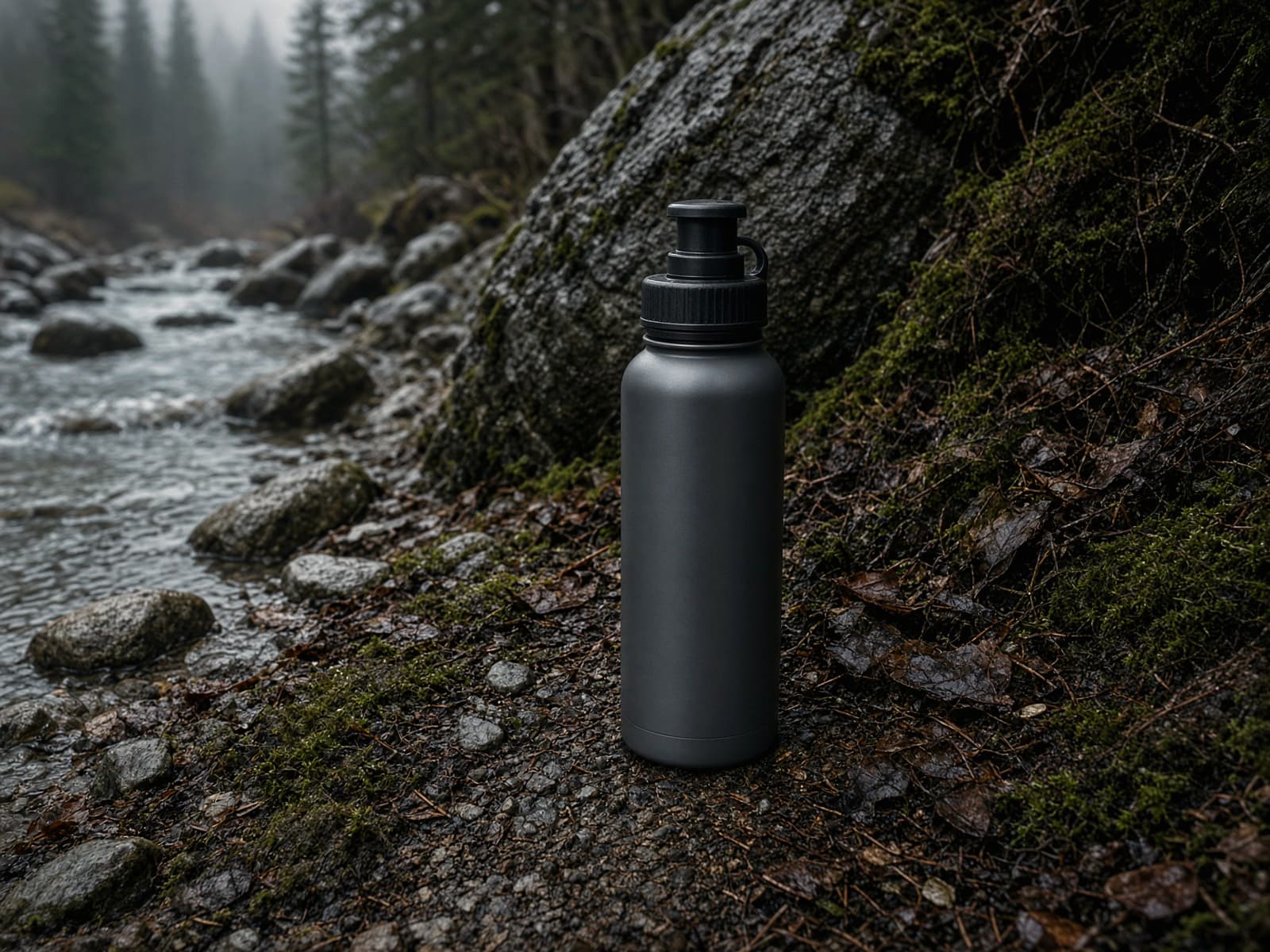 A press-style purifier bottle beside a stream