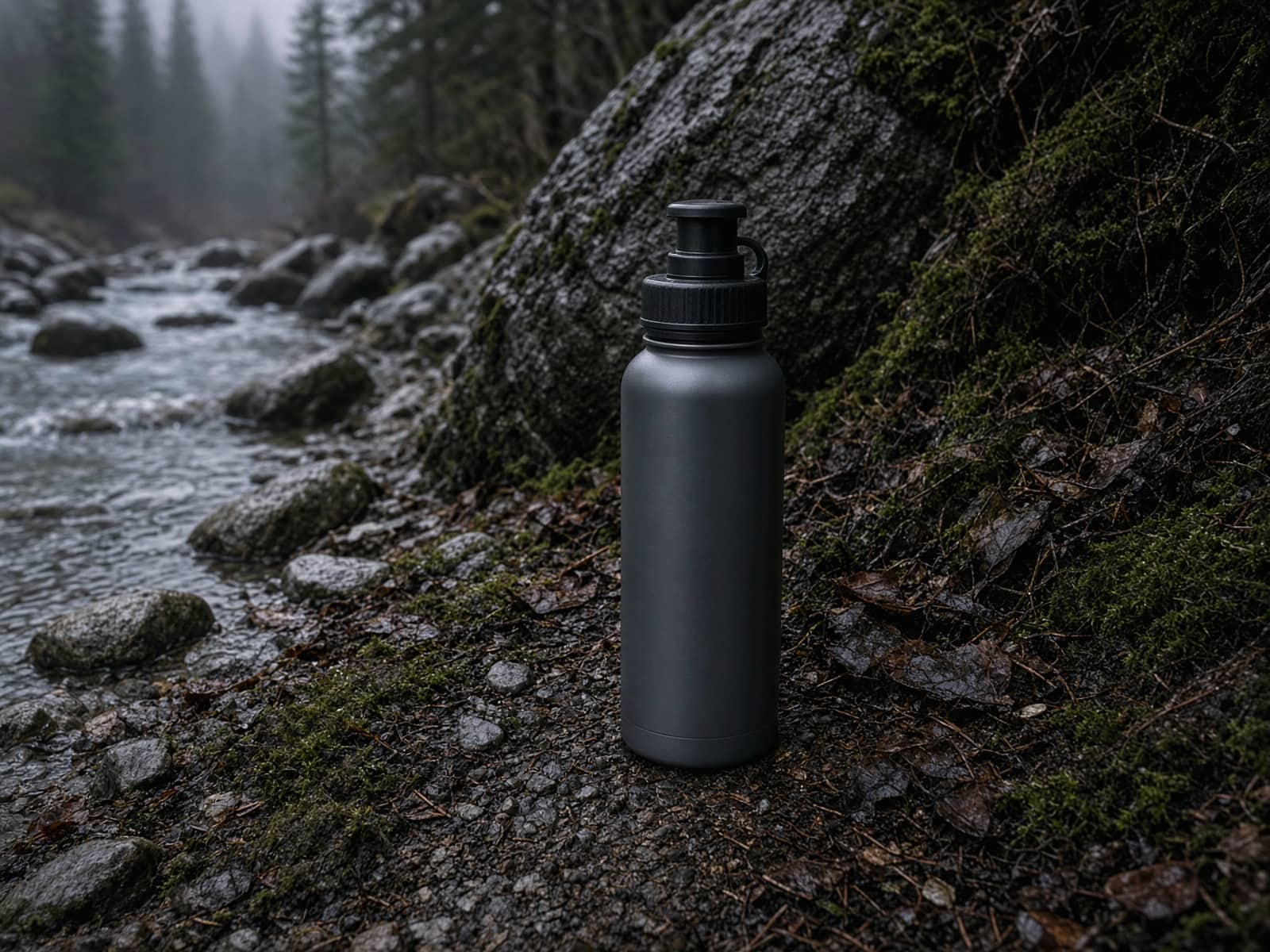 A press-style purifier bottle beside a stream