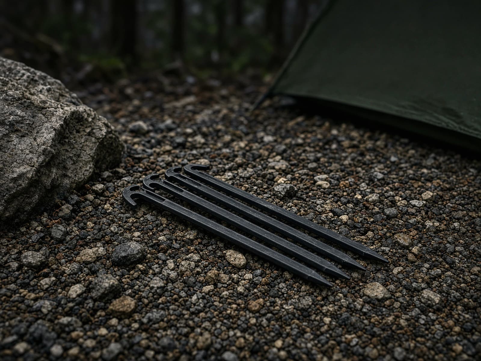 A handful of Y-section tent stakes at a car campsite