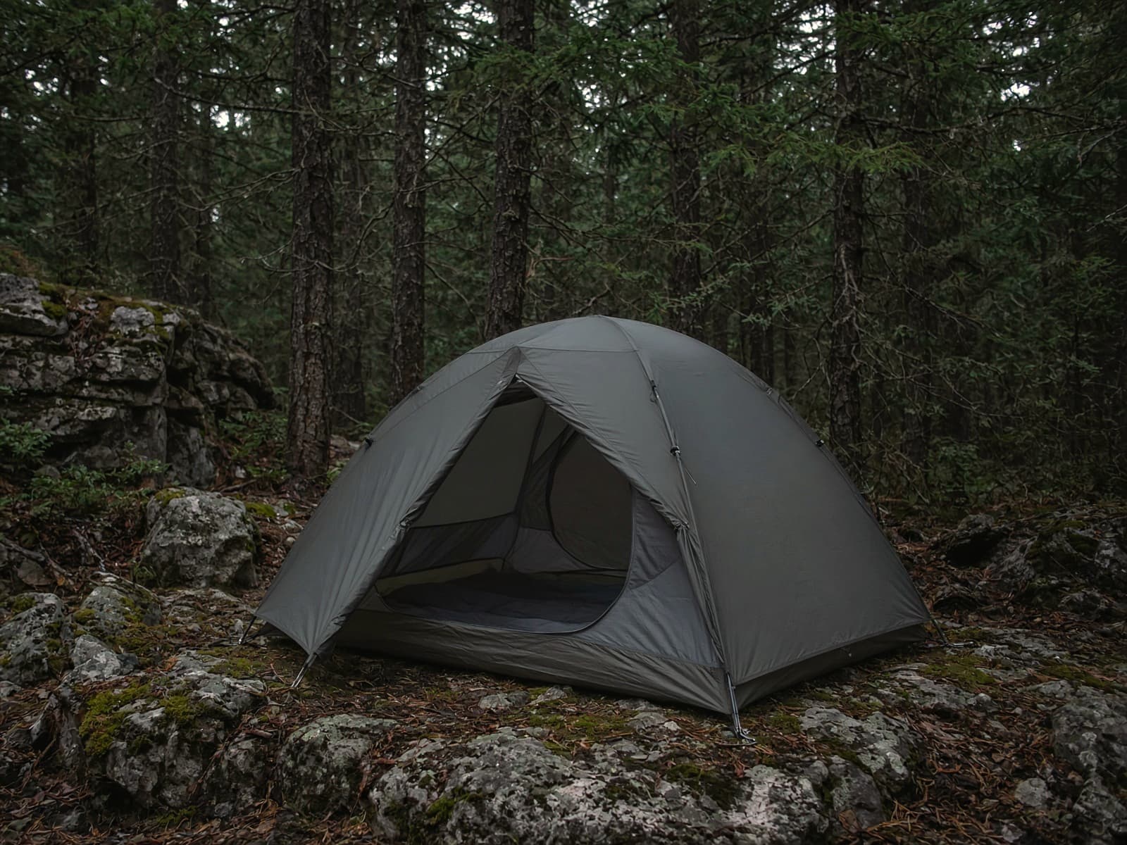 A roomy freestanding two-person tent pitched at a forest campsite