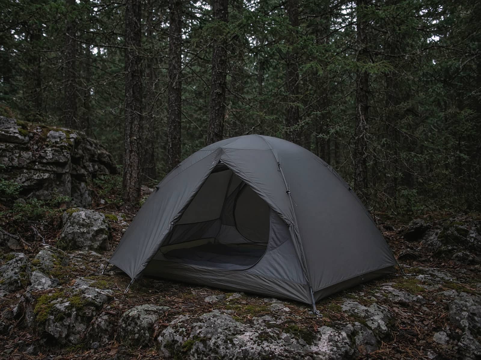 A roomy freestanding two-person tent pitched at a forest campsite