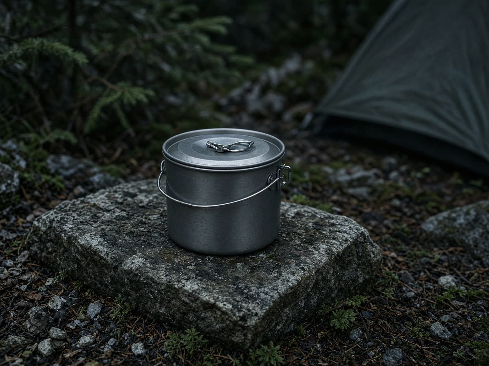 An anodized aluminum pot for two on a stone at camp