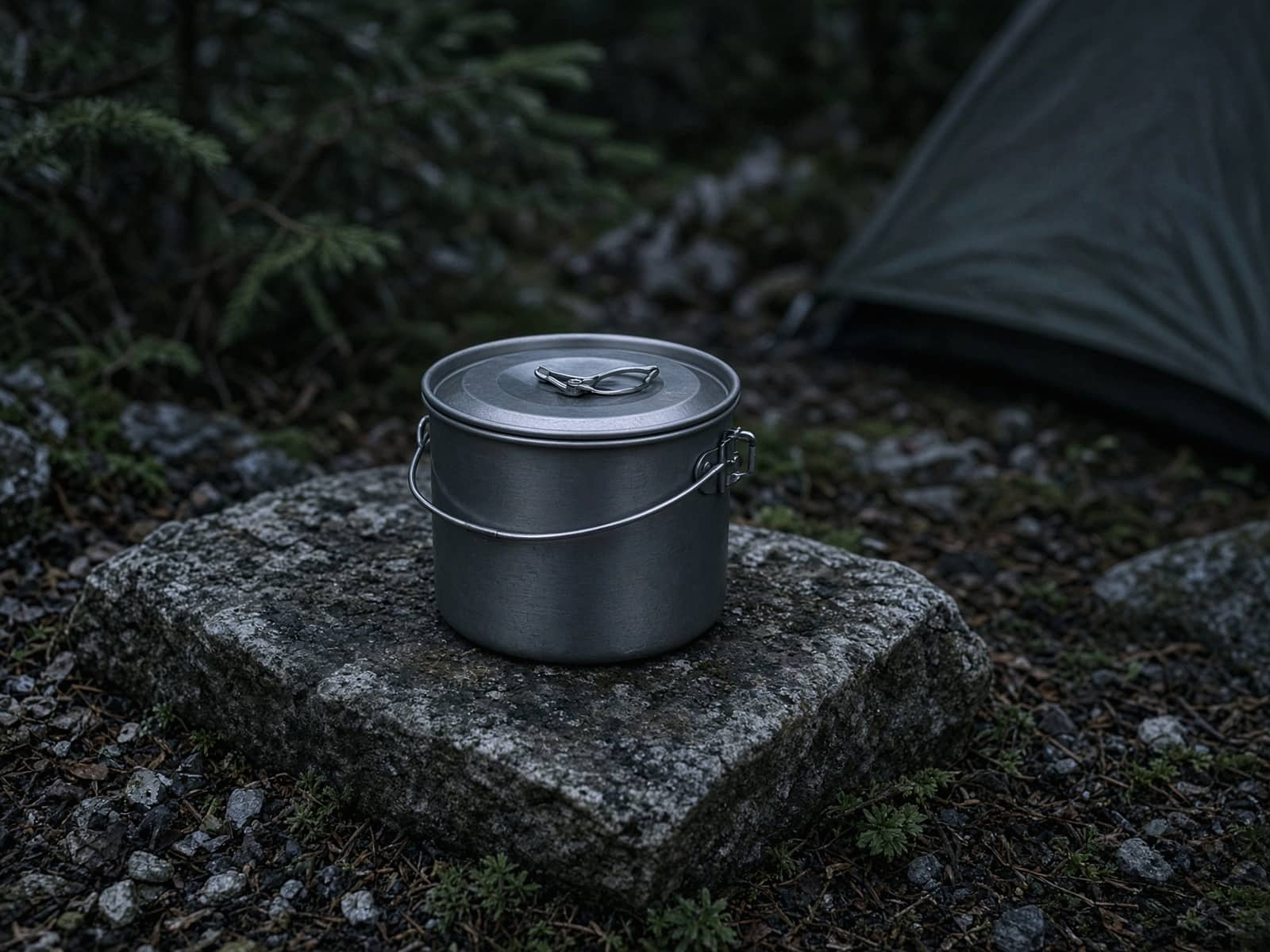 An anodized aluminum pot for two on a stone at camp