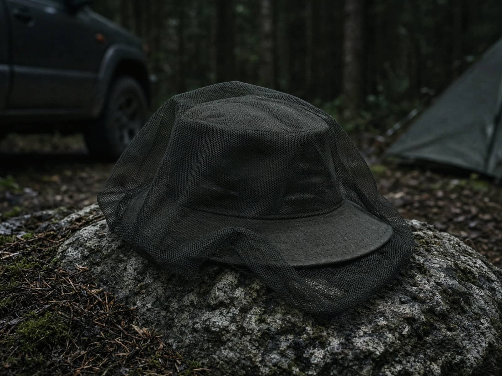 A mesh bug head net over a hat at a car campsite