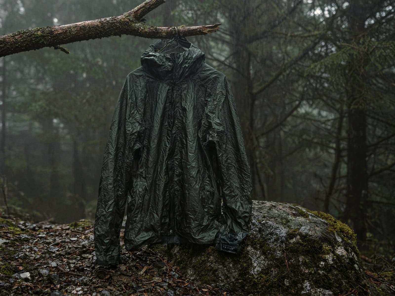An ultralight packable rain shell hung from a branch in light rain