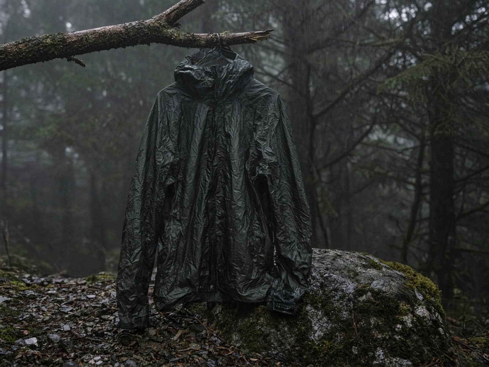 An ultralight packable rain shell hung from a branch in light rain