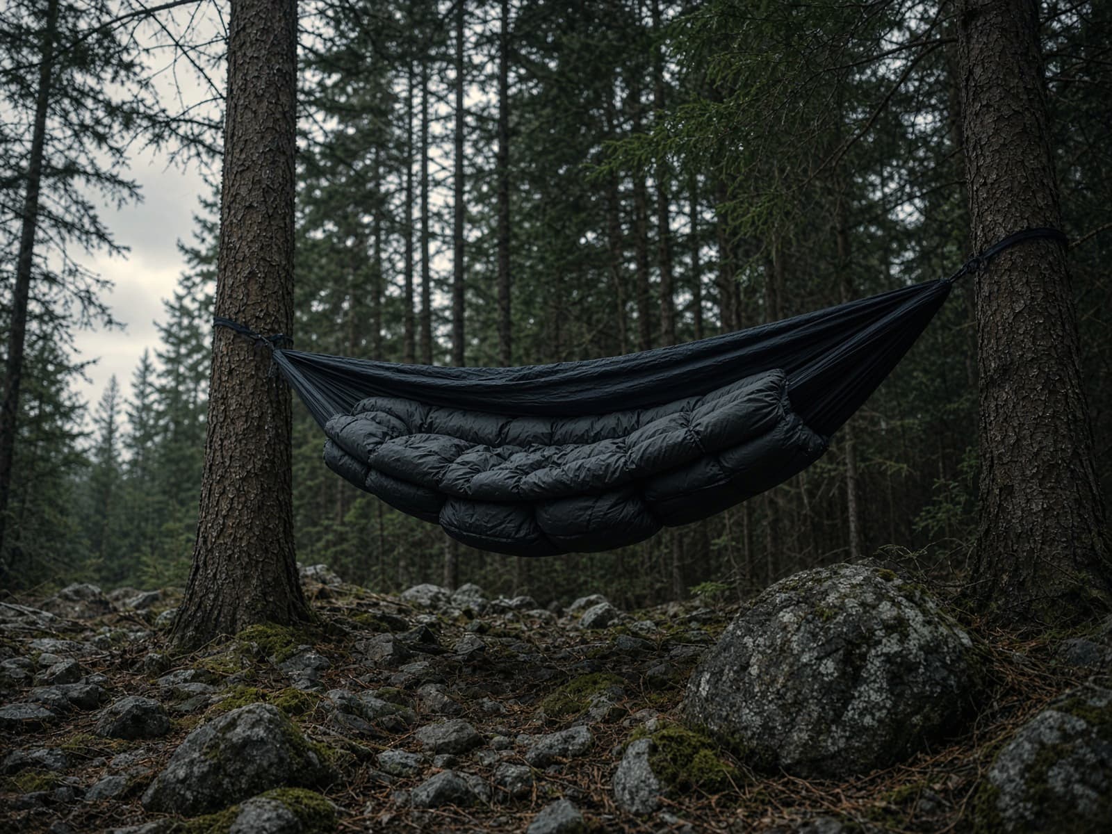 An underquilt slung beneath a hammock between two conifers