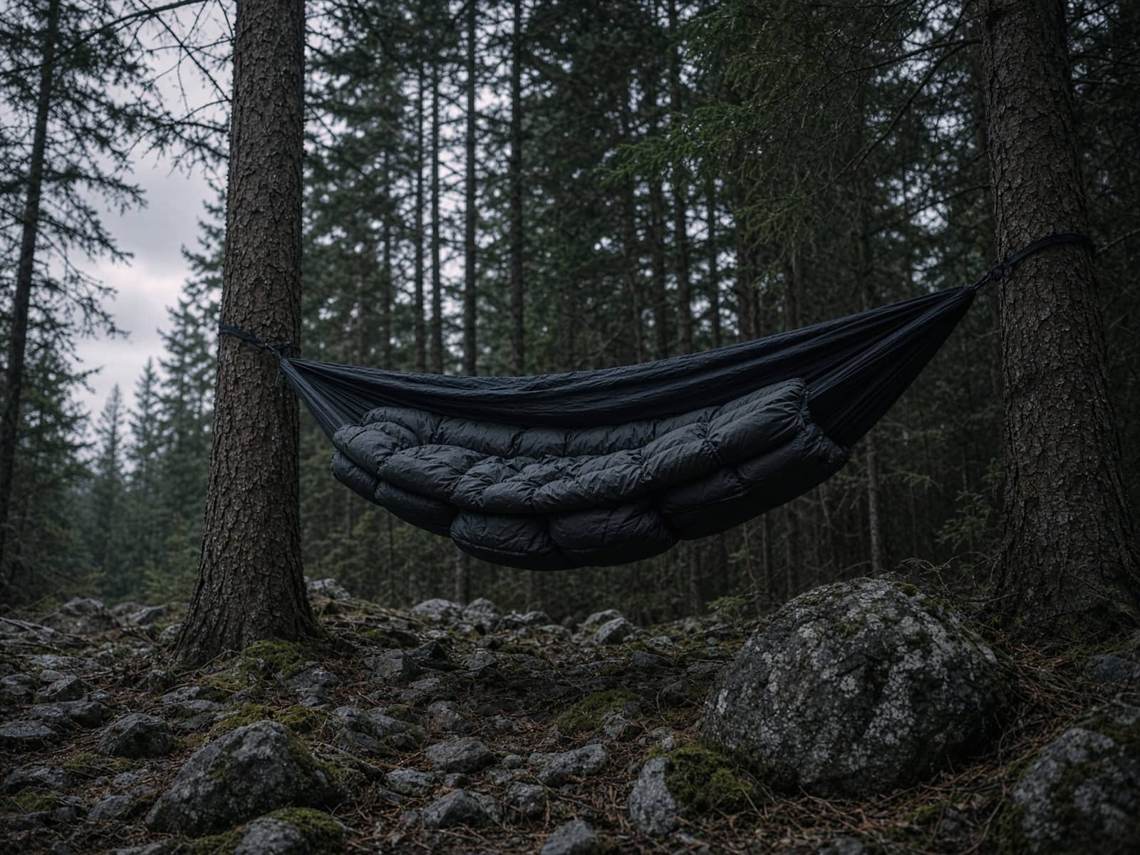 An underquilt slung beneath a hammock between two conifers