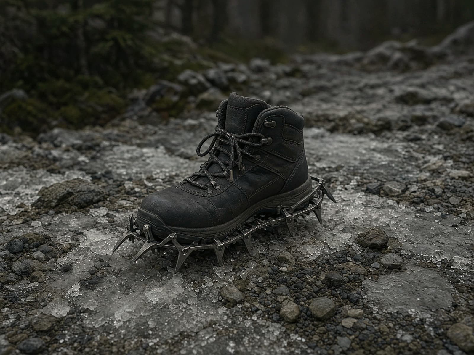 Aggressive trail crampons on a boot on an icy trail