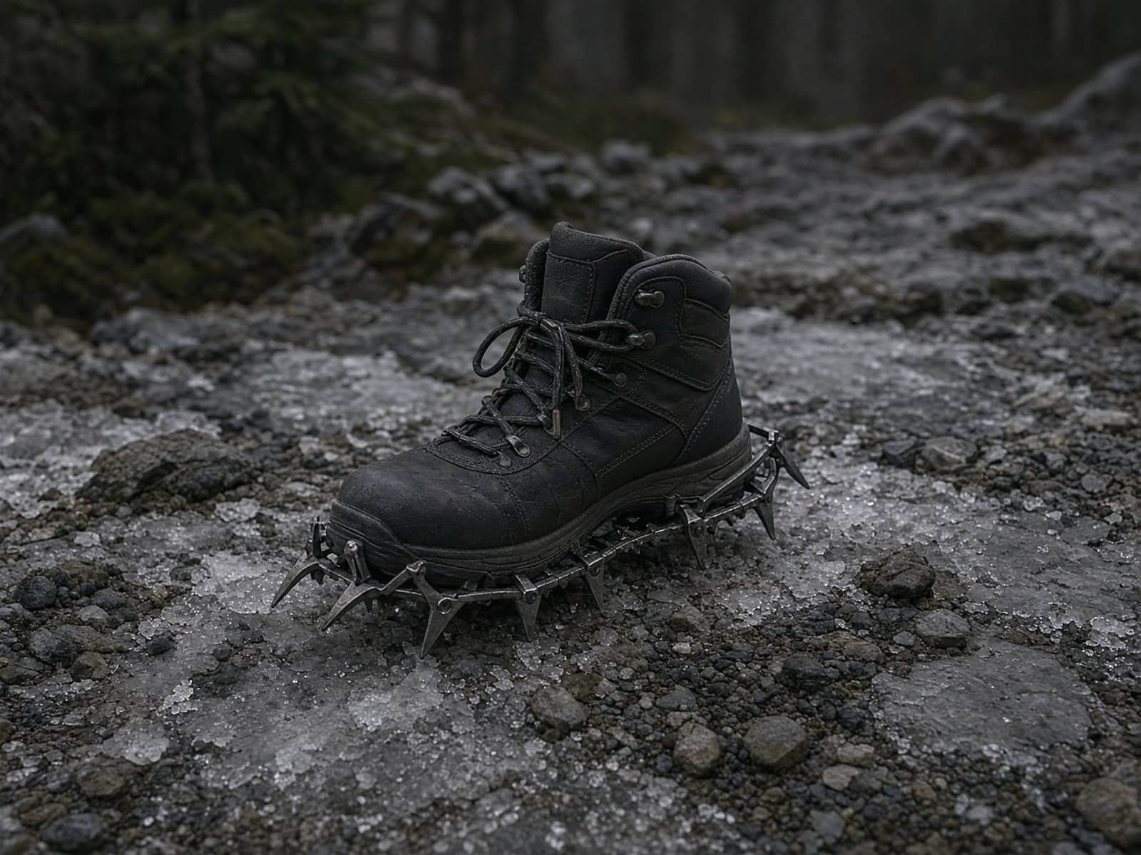 Aggressive trail crampons on a boot on an icy trail