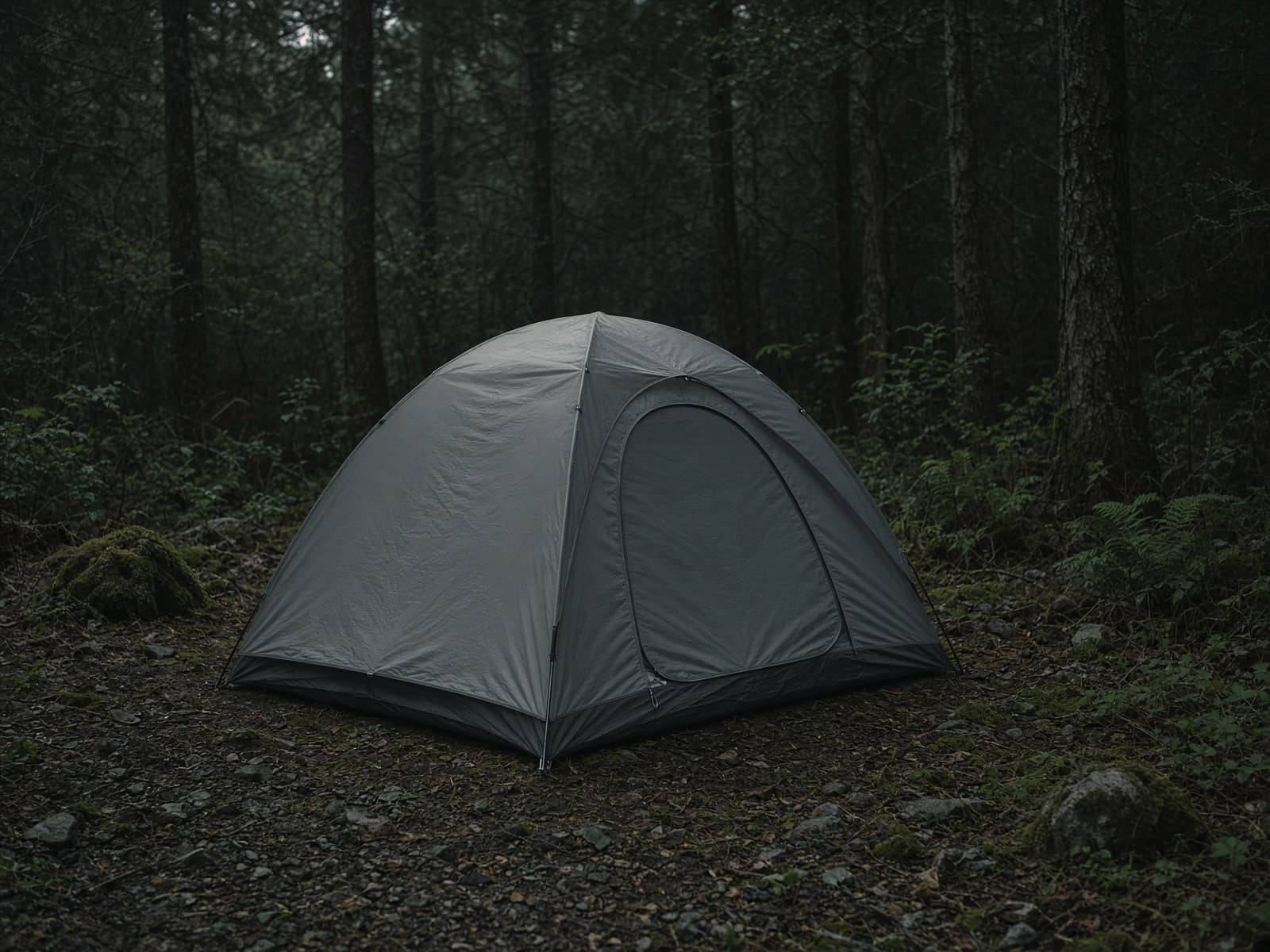 A conservative freestanding two-person tent pitched at a forest campsite