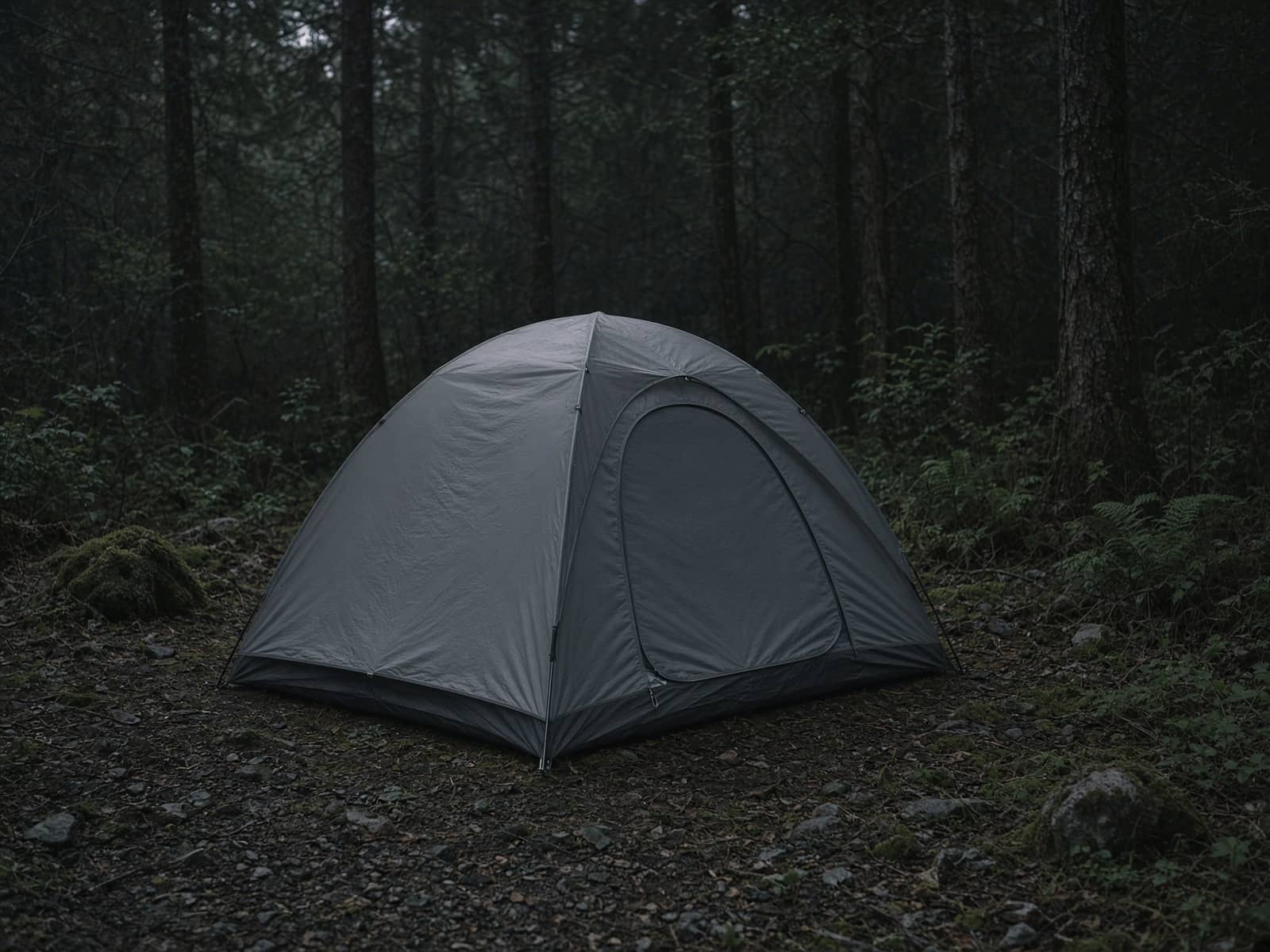 A conservative freestanding two-person tent pitched at a forest campsite