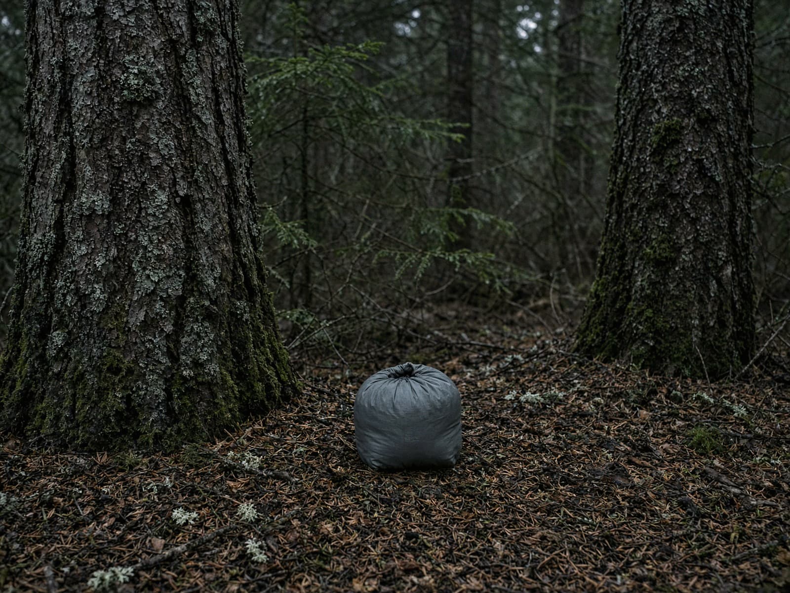 An ultralight hammock in a tiny stuff sack between two conifers