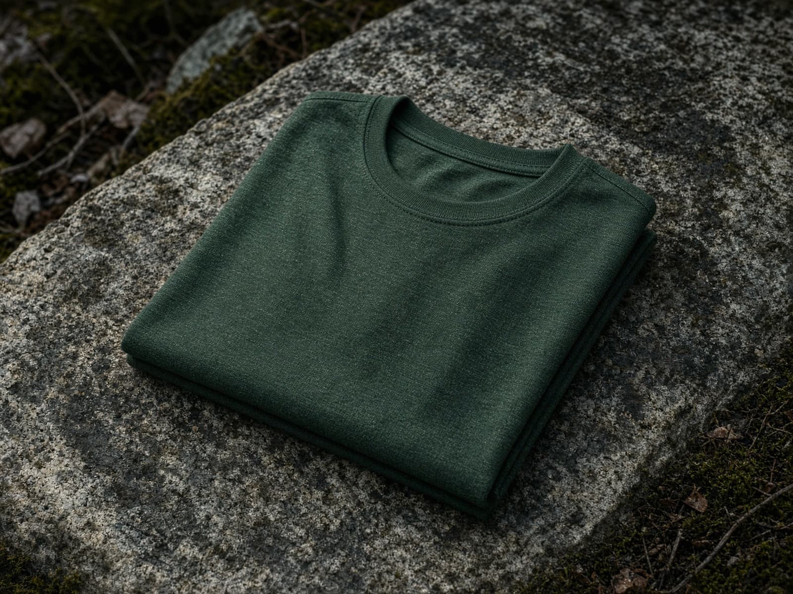 A merino base-layer tee folded on a granite slab