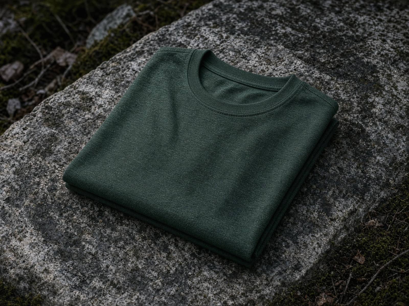 A merino base-layer tee folded on a granite slab