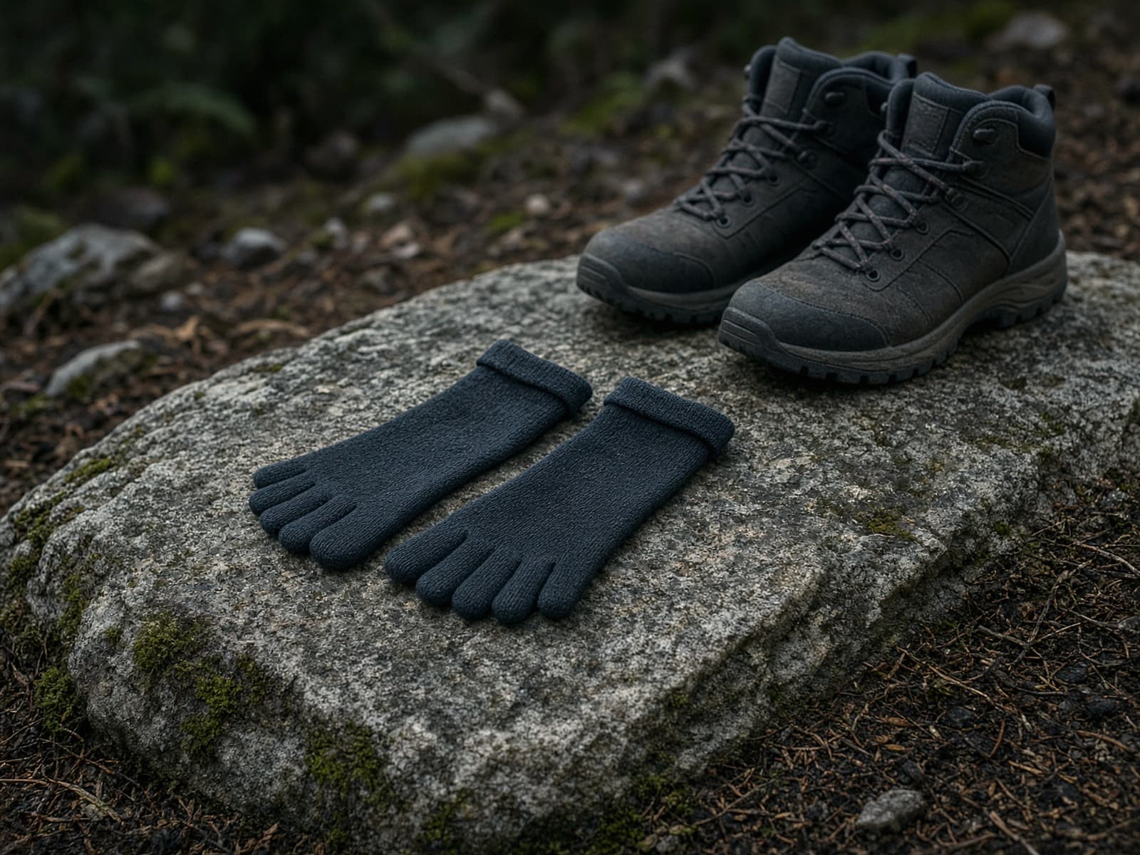 A toe-sock liner on a granite slab beside boots