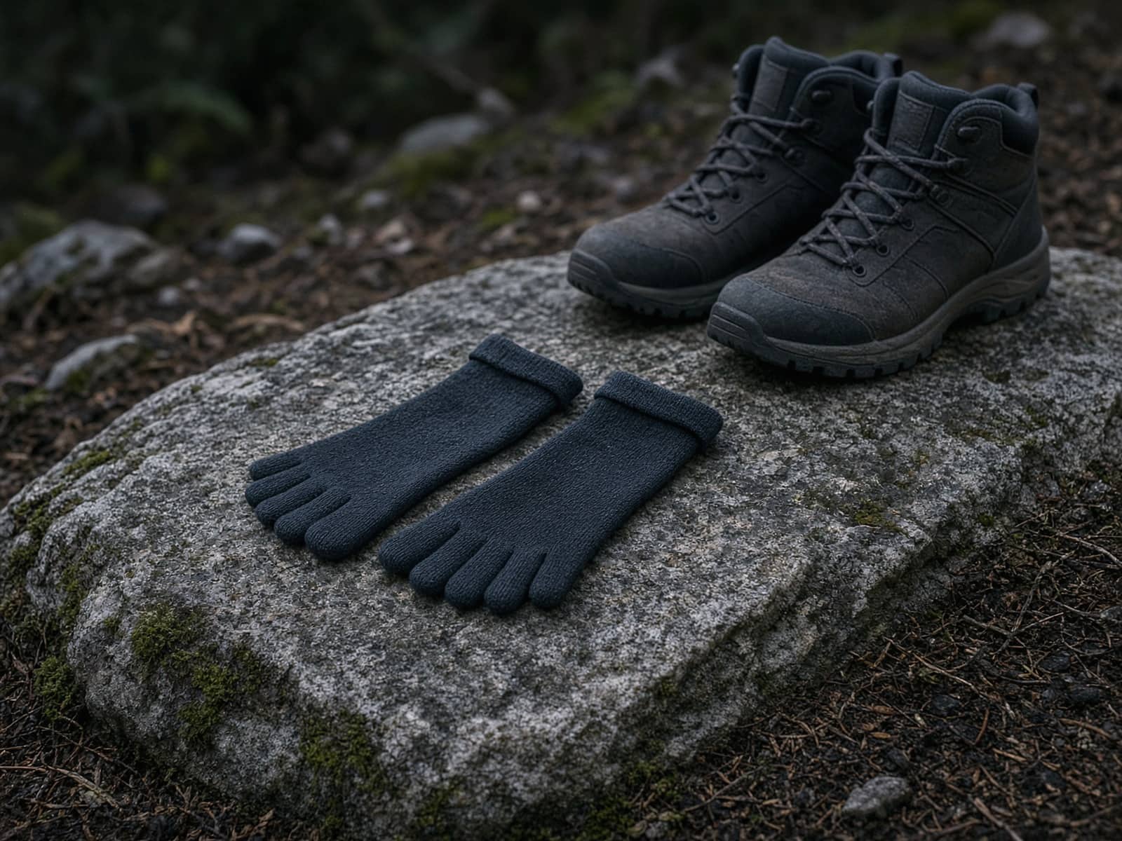 A toe-sock liner on a granite slab beside boots