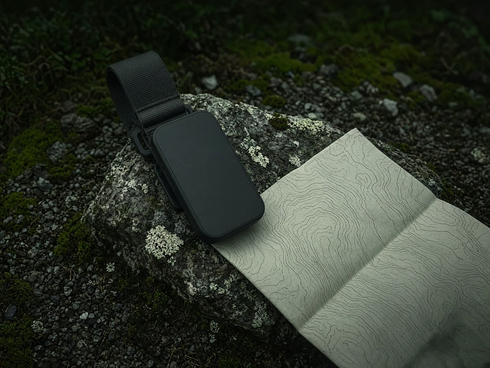 A small satellite messenger clipped to a pack strap on a rock beside a topo map